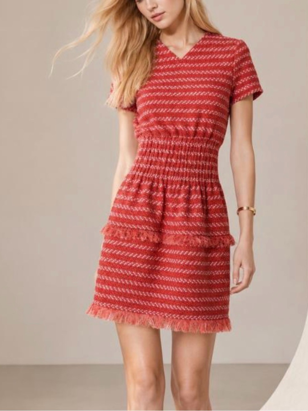 MAJE tweed fringed striped fitted mini dress orange coral sz xs 34